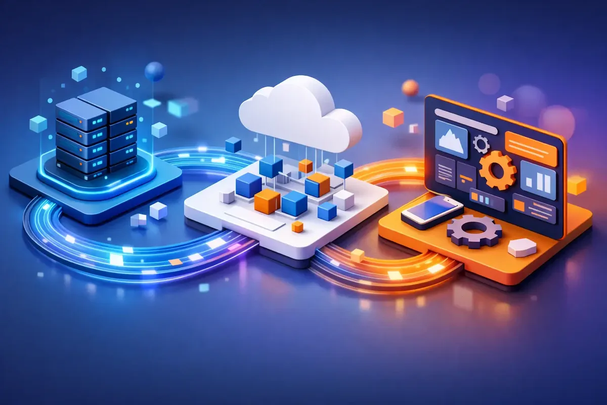 Serverschrank, Cloud und Dashboard, zwischen denen Daten in zwei Bögen fließen
