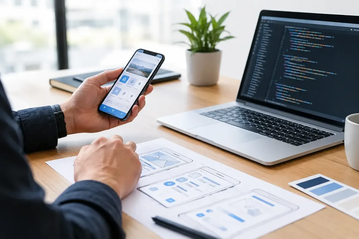 Smartphone mit App-Oberfläche in der Hand, daneben Laptop mit Code und Wireframe-Skizzen auf dem Schreibtisch