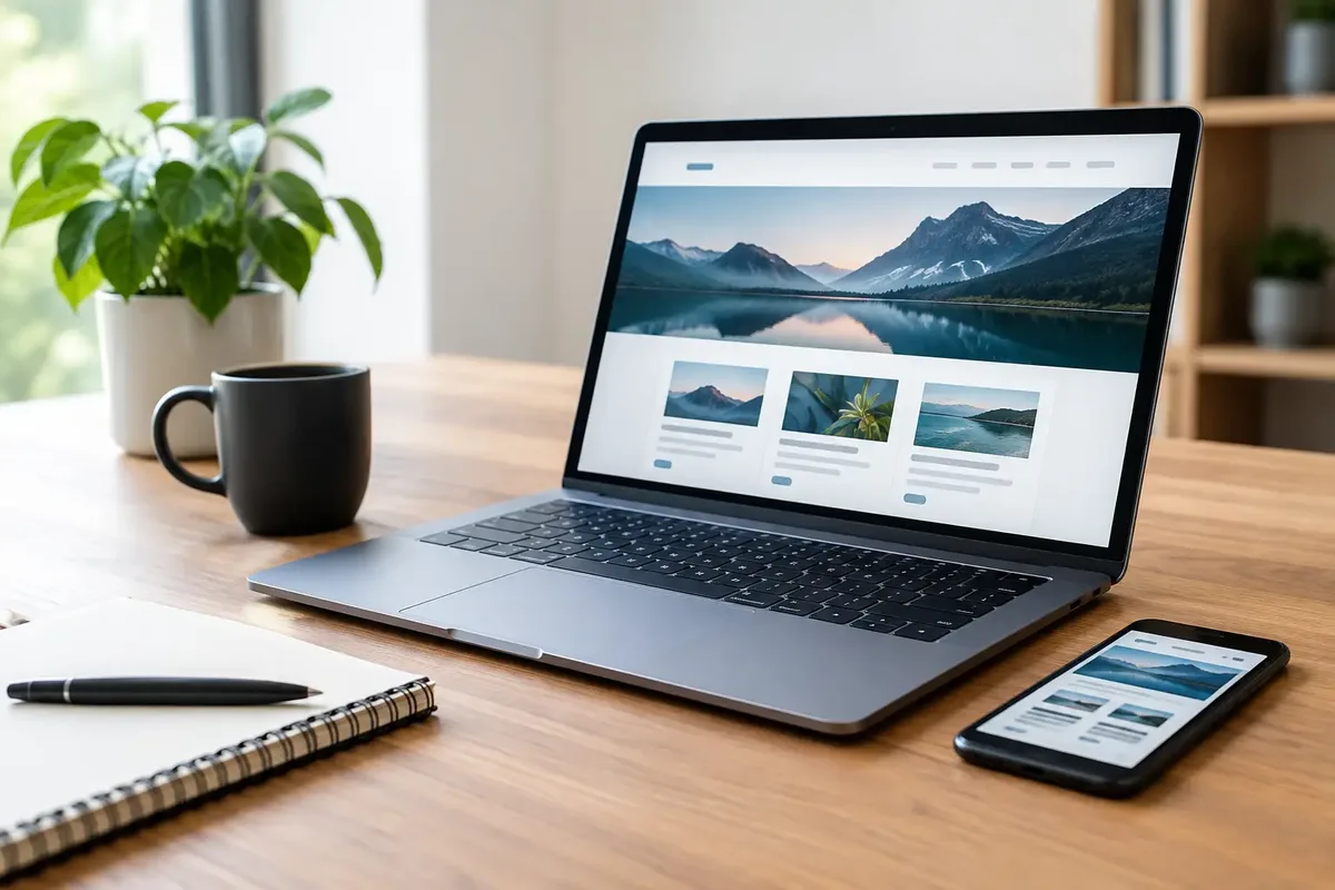 Laptop mit Website-Entwurf auf einem Schreibtisch, daneben Smartphone mit derselben Seite, Notizbuch und Tasse
