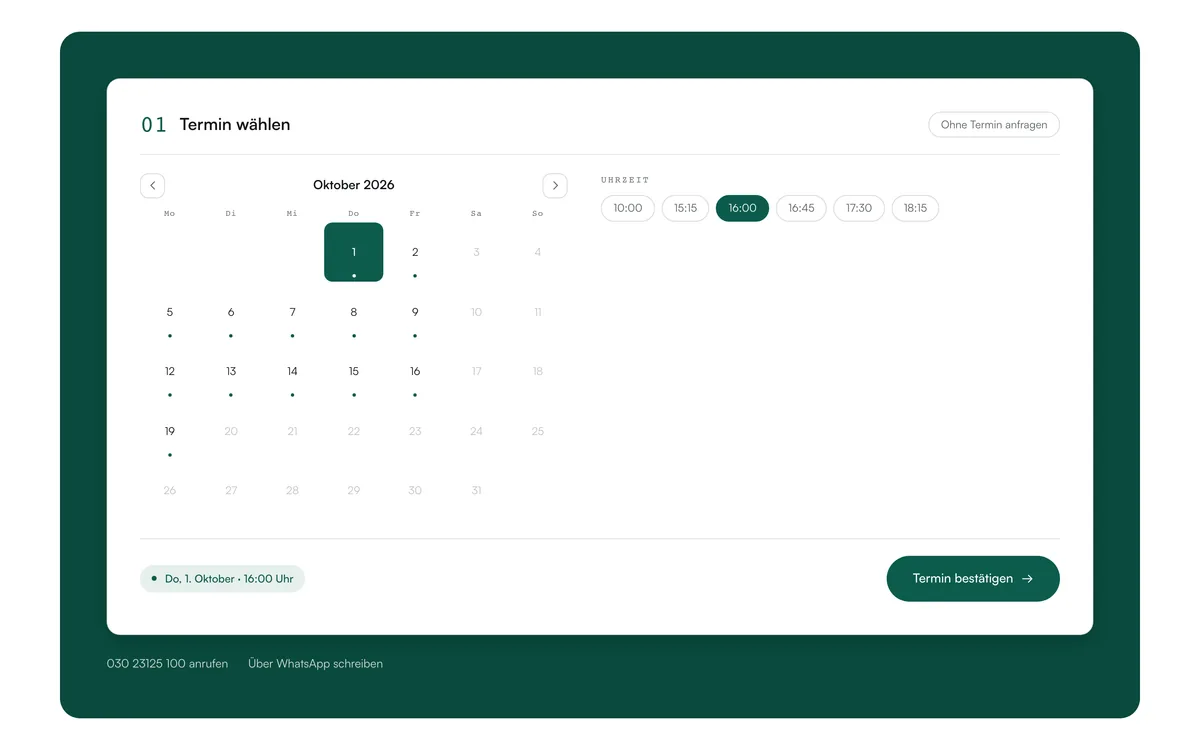 Terminwahl auf der Seite eines Beraters: Kalender mit freien Tagen, gewählter Tag und ausgewählte Uhrzeit