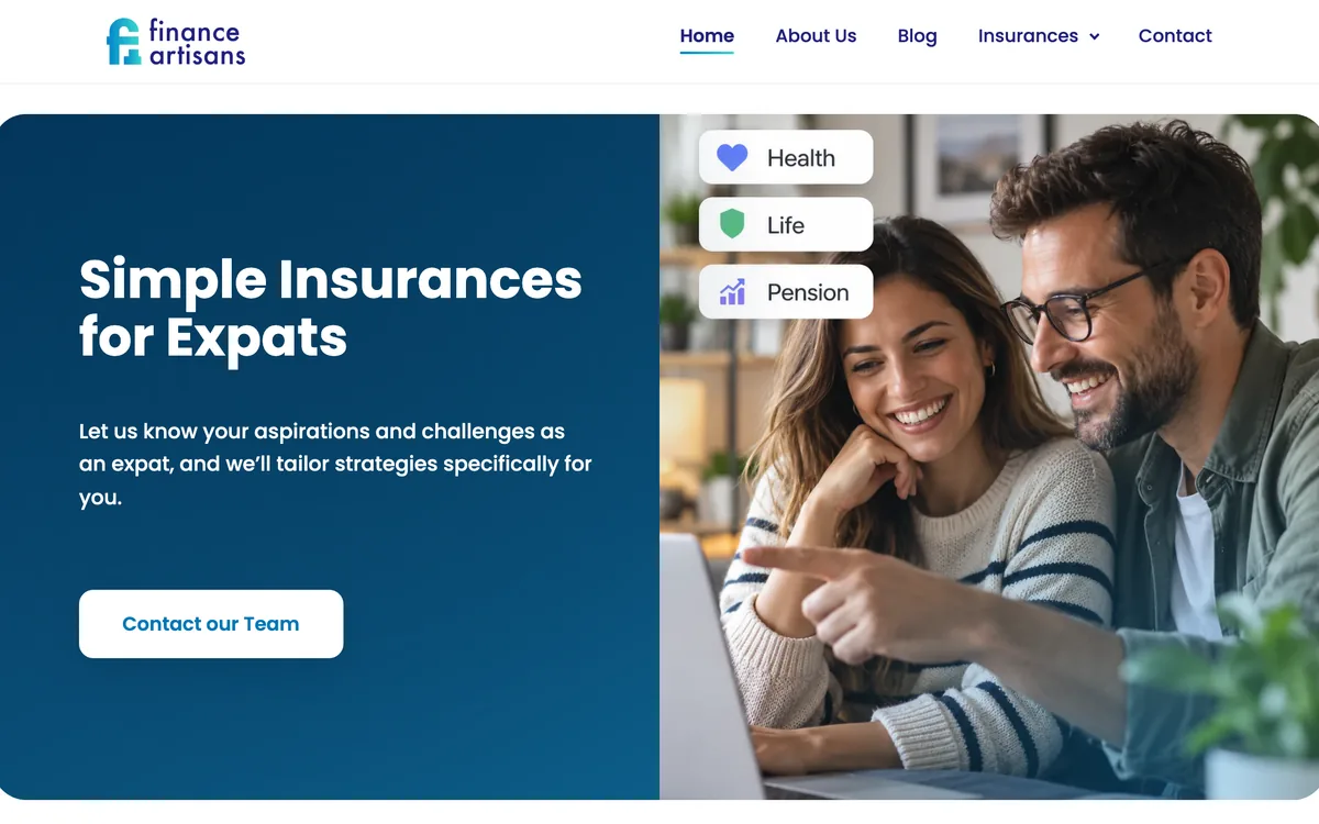 Navigation und Aufmacher von Finance Artisans: Simple Insurances for Expats