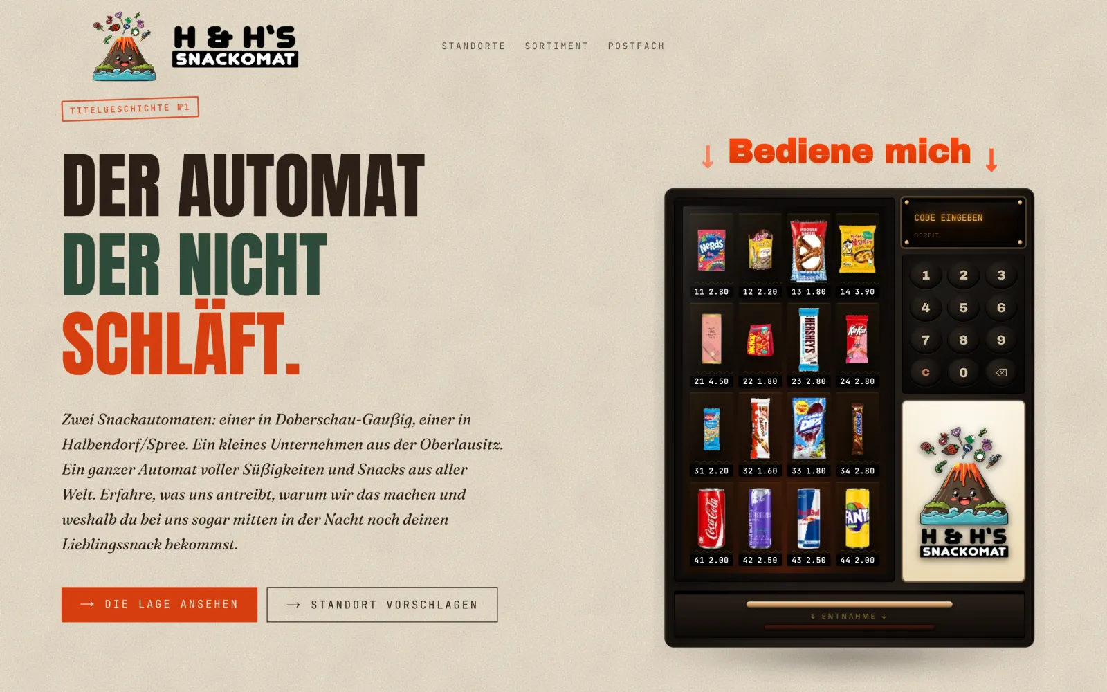 Startseite von H&H's Snackomat mit dem interaktiven Automaten