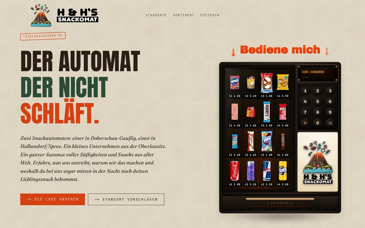 Navigation und Aufmacher von H&H's Snackomat: Titelgeschichte im Zeitungslayout mit bedienbarem Automaten