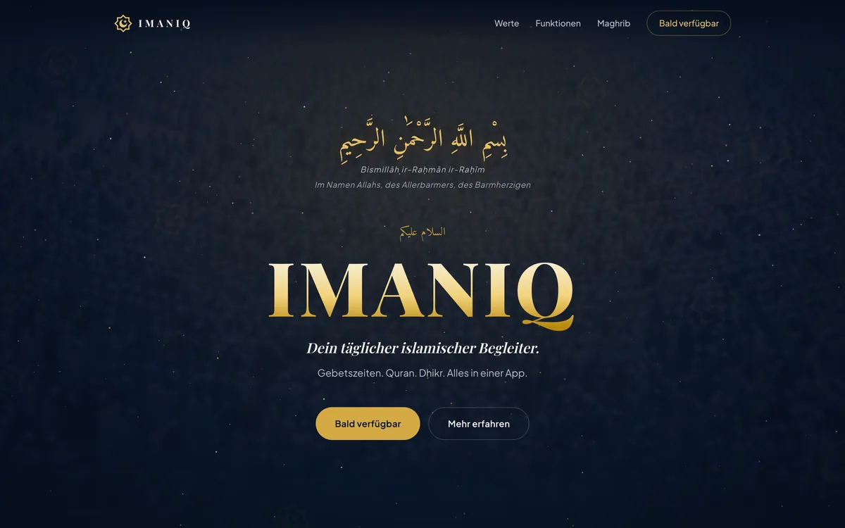 Startseite von IMANIQ mit Bismillah unter einem Sternenhimmel