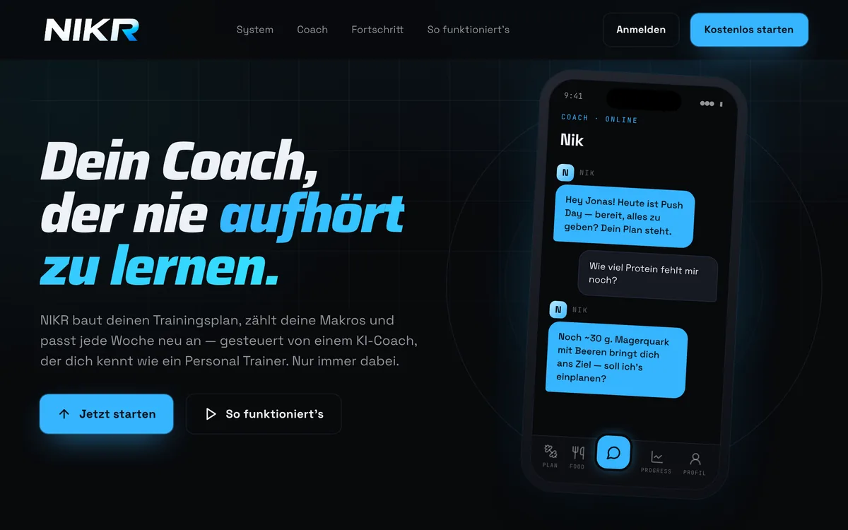 Navigation und Aufmacher der Landingpage des KI-Fitnesscoachs mit Coach-Chat im Smartphone