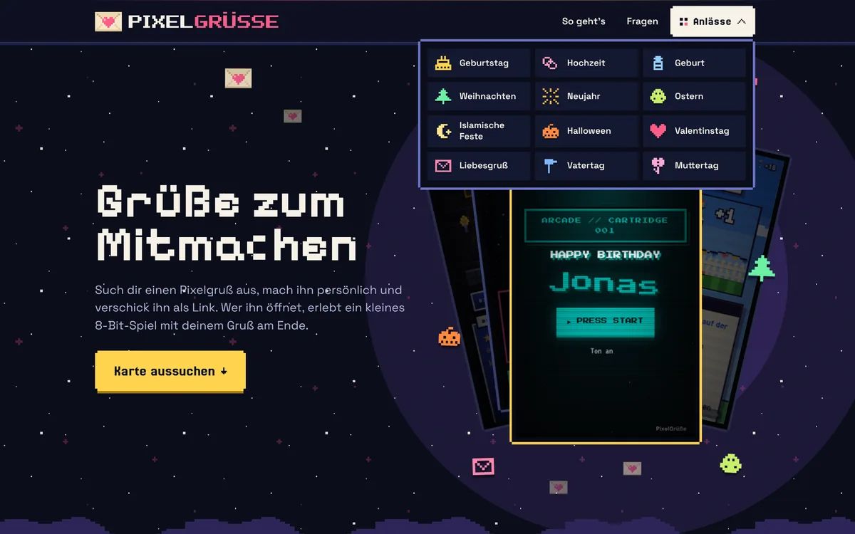 Startseite von PixelGrüße mit geöffnetem Anlassmenü: zwölf Anlässe von Geburtstag bis Muttertag, jeder mit eigenem Pixelsymbol