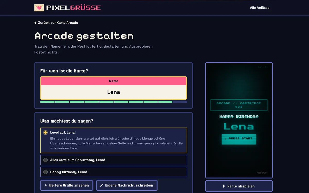 Editor der Geburtstagskarte Arcade: Name Lena eingetragen, Auswahl vorbereiteter Nachrichten, daneben die Vorschau mit dem Namen