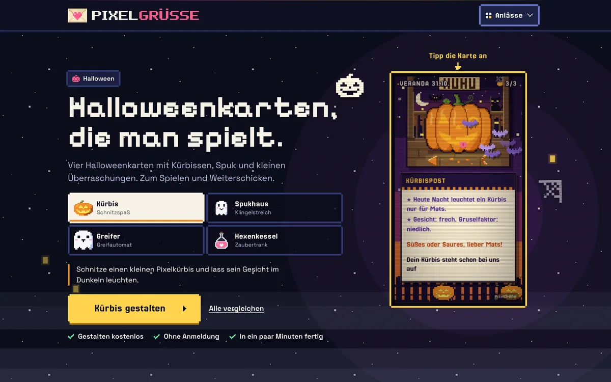 Halloweenkarte Kürbis nach dem Spielen: leuchtender Pixelkürbis auf der Veranda, darunter die Kürbispost mit dem persönlichen Gruß an Mats