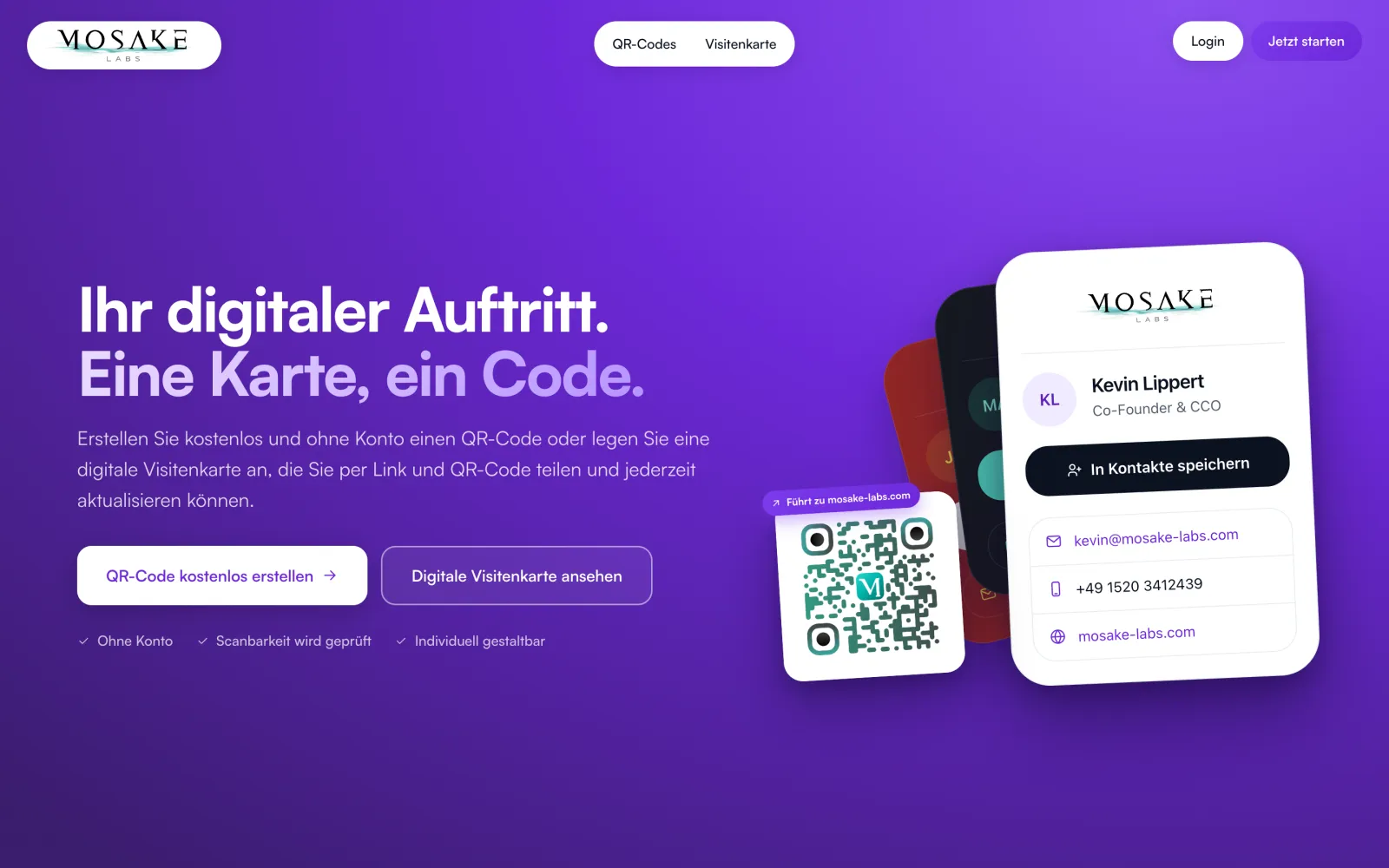 Startseite von QR Studio mit Generator und digitaler Visitenkarte